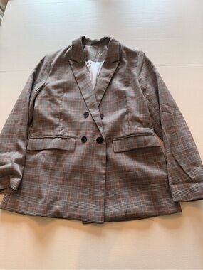 Plaid Double-Breasted Blazer in Brown and Tan woman's XL
